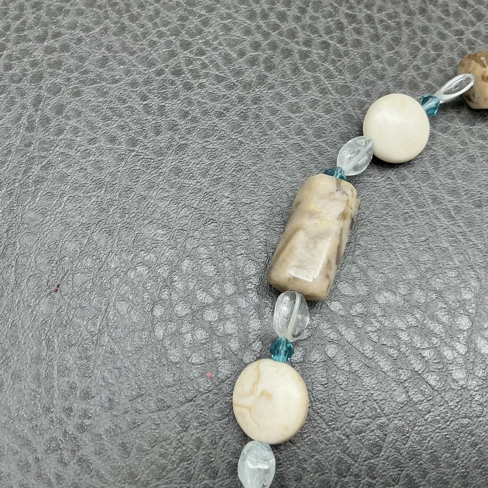 Geode Druzy Quartz Pendant Beaded Necklace Fossil Jasper Aqua Glass‎ Beads Boho
